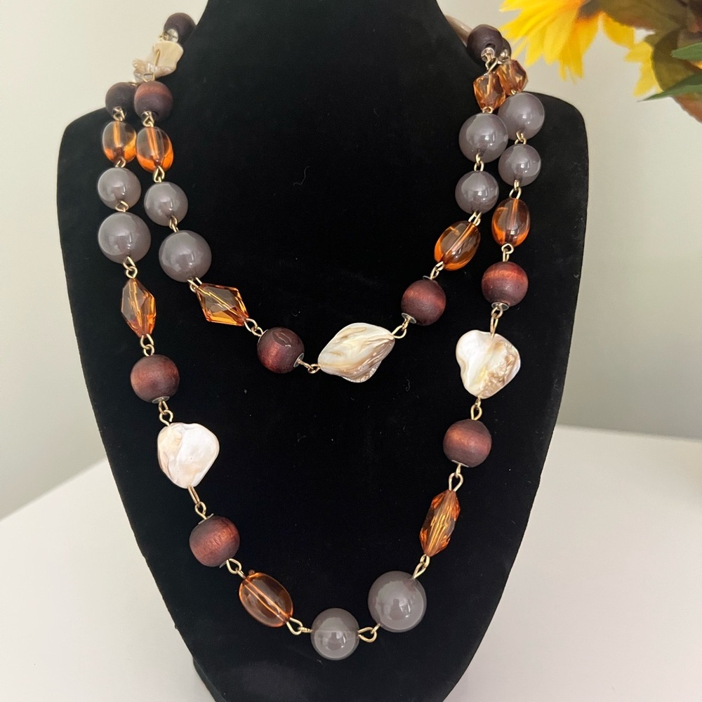 Elegant Brown Gold and Grey Beaded Necklace - Picture 2 of 2